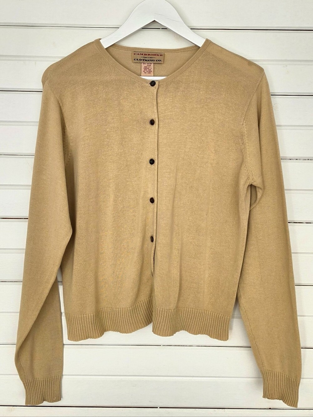 90s Vintage Cambridge Clothing Tan Knit Cardigan Sweater 100% Cotton M